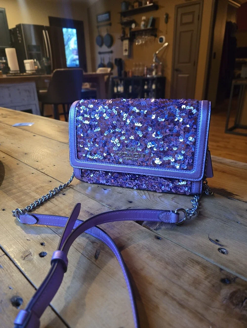 Coach Flap Clutch Crossbody Bag in Lilac Metallic Leather & Sequins